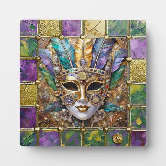 マルディグラ金ゴールド&セラミッカラフルクフェザーマスク フォトプラーク (正面)