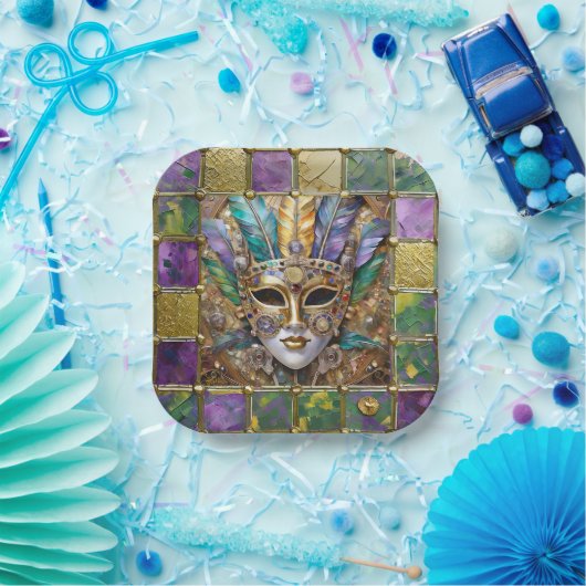 マルディグラ金ゴールド&セラミッカラフルクフェザーマスク ペーパープレート (パーティー)