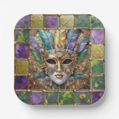 マルディグラ金ゴールド&セラミッカラフルクフェザーマスク ペーパープレート (正面)