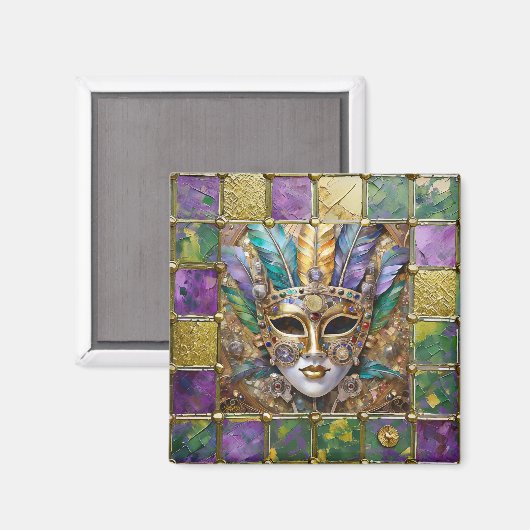 マルディグラ金ゴールド&セラミッカラフルクフェザーマスク マグネット (正面/裏面)