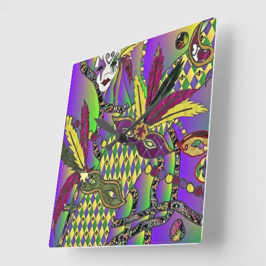 マルディサイケデリックグラスフェザーマスククロック スクエア壁時計 (傾斜)