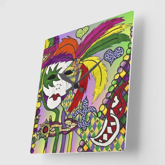 マルディサイケデリックグラスフェザーマスク スクエア壁時計 (傾斜)