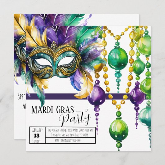 マルディ鮮やかグラスマスクとビーズパーティー 招待状 (正面/裏面)