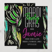 マルディ・グラ 手描きボタニカル ピンク 緑 黒 招待状 (正面/裏面)