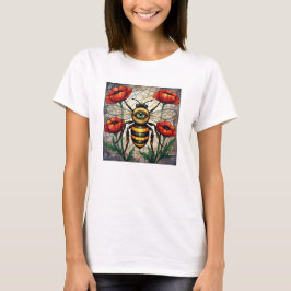 マルハナバチのステンドグラス 鮮やかなポピーの花と目 Tシャツ
