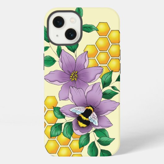 マルハナバチ ラベンダー 花 黄色 iPhoneケース (裏面)