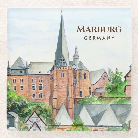 マルブルク旧市街ドイツの街並み絵画 ガラスコースター (正面)