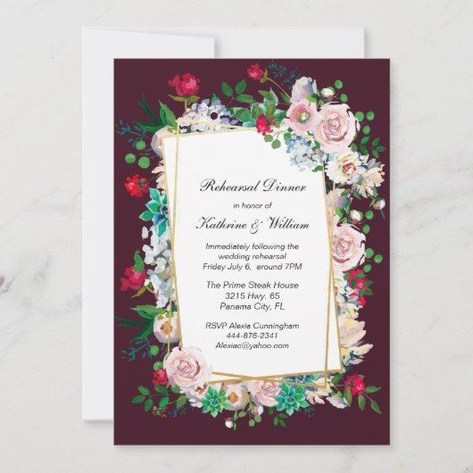 マルーンとフローラフレーム結婚のリハーサルディナー 招待状