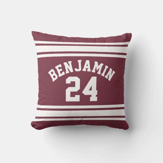 マルーンとホワイトジャージーのストライプ名前をカスタムする番号 クッション (正面)