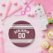 マルーンとホワイトジャージーのストライプ名前をカスタムする番号 ペーパープレート (パーティー)