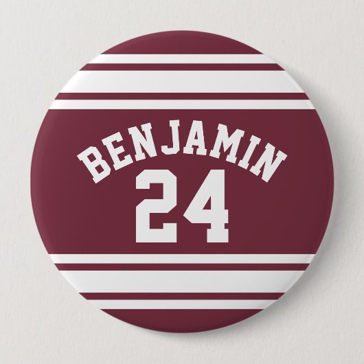 マルーンとホワイトジャージーのストライプ名前をカスタムする番号 缶バッジ (正面)