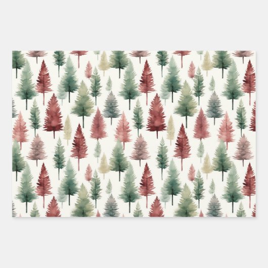 マルーンと暗緑色の水色の松の木 ラッピングペーパーシート (正面)