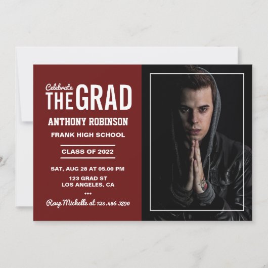 マルーンと白の卒業式パーティー 招待状 (正面)