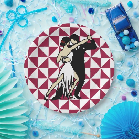 マルーンと白の幾何学模様のタンゴダンサー ペーパープレート (パーティー)
