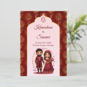 マルーンと金ゴールドかわいいインディアンブライダルカップル漫画 招待状 (スタンド正面)