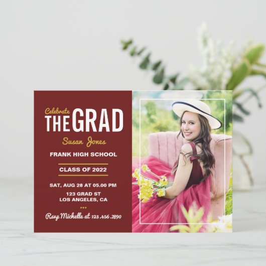 マルーンと金ゴールドの卒業パーティーの写真 招待状 (スタンド正面)