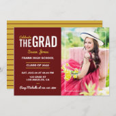 マルーンと金ゴールドの卒業パーティーの写真 招待状 (正面/裏面)