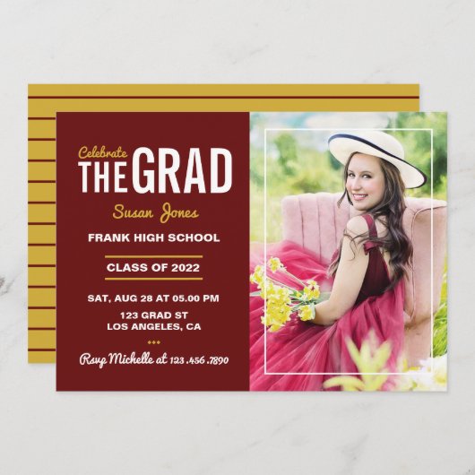 マルーンと金ゴールドの卒業パーティーの写真 招待状 (正面/裏面)