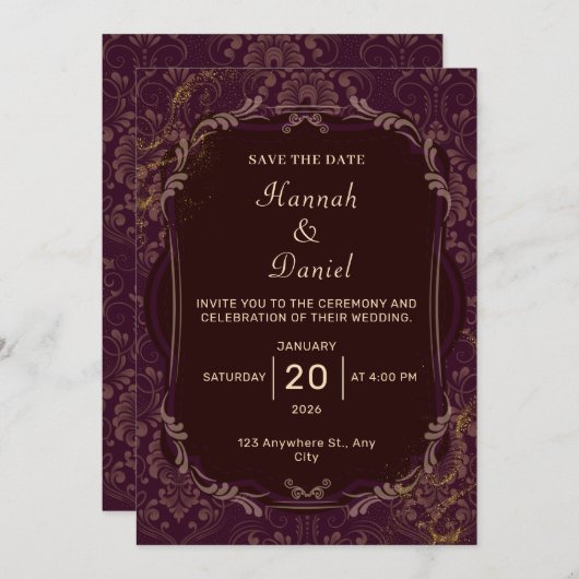 マルーンと金ゴールドエレガントウェディング招待状 招待状 (正面/裏面)