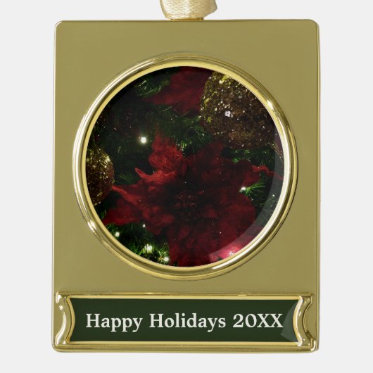 マルーンと金ゴールドクリスマスツリーホリデーフォト金ゴールド ゴールドプレートバナーオーナメント (正面)