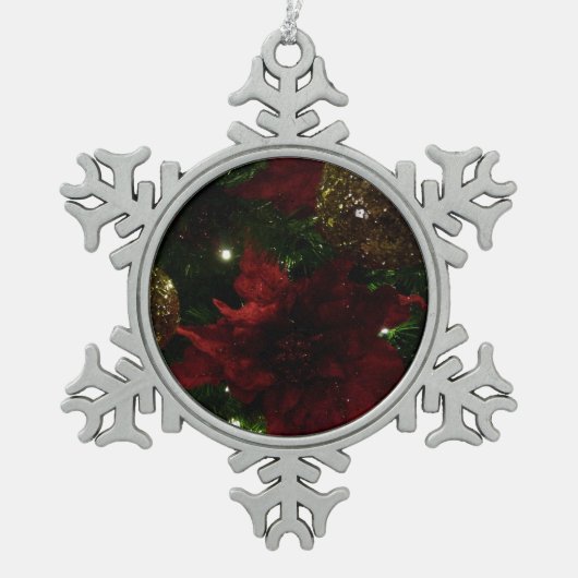 マルーンと金ゴールドクリスマスツリーIホリデーフォト スノーフレークピューターオーナメント (正面)