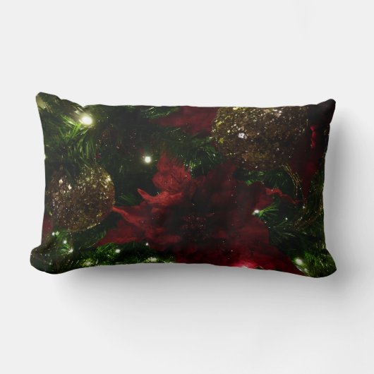 マルーンと金ゴールドクリスマスツリーIホリデーフォト ランバークッション (正面)