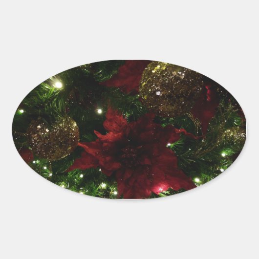 マルーンと金ゴールドクリスマスツリーIホリデーフォト 楕円形シール (正面)