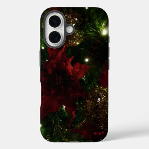 マルーンと金ゴールドクリスマスツリーIホリデーフォト iPhone 16ケース