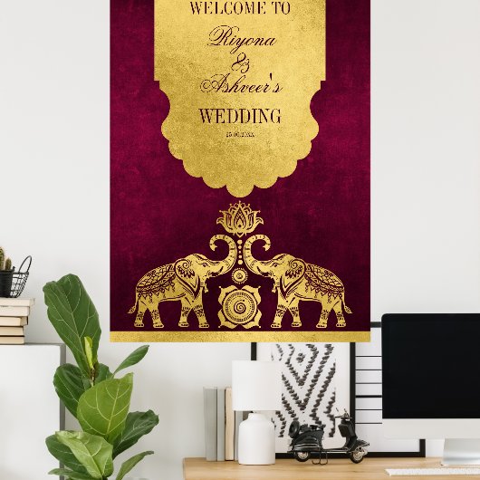 マルーンと金ゴールドゾウインディアン結婚の歓迎 ポスター (ホームオフィス)