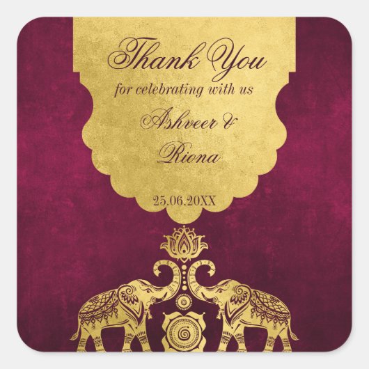 マルーンと金ゴールドゾウ結婚インディアンの感謝していユーザ スクエアシール (正面)