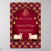 マルーンと金ゴールド結婚・ゴマタの歓迎サイン ポスター (正面)