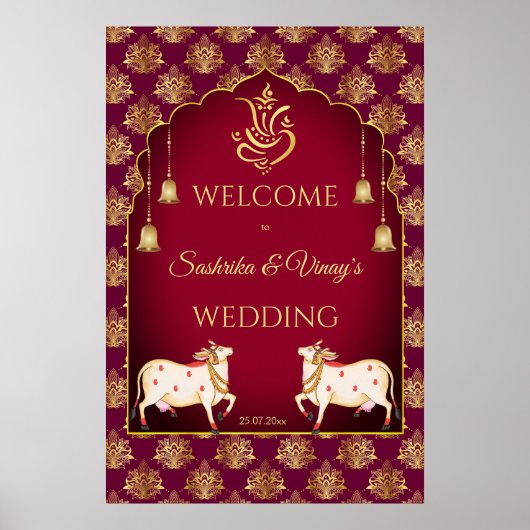 マルーンと金ゴールド結婚・ゴマタの歓迎サイン ポスター (正面)