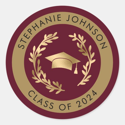 マルーンと金ゴールド2024年卒業のクラス ラウンドシール (正面)