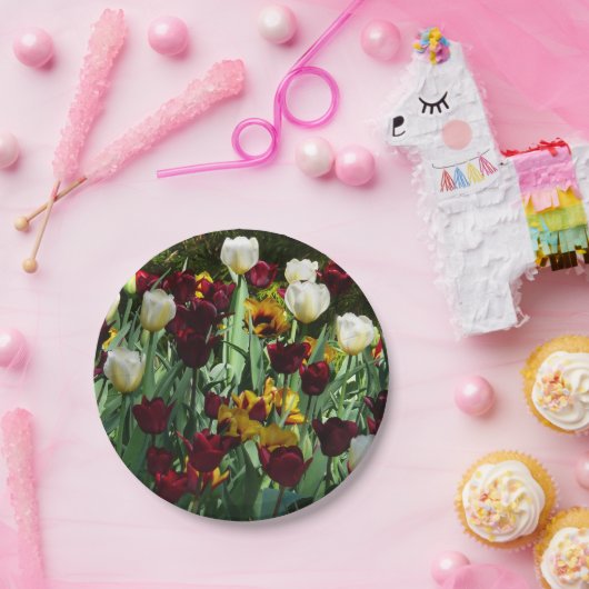 マルーンと黄色のチューリップカラフルフローラ ペーパープレート (パーティー)