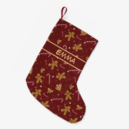 マルーンのクリスマスのクッキーとジンジャーブレッドマン。 スモールクリスマスストッキング