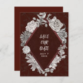 マルーンのダイヤモンドヴィンテージ花の日付を保存 案内ポストカード (正面/裏面)