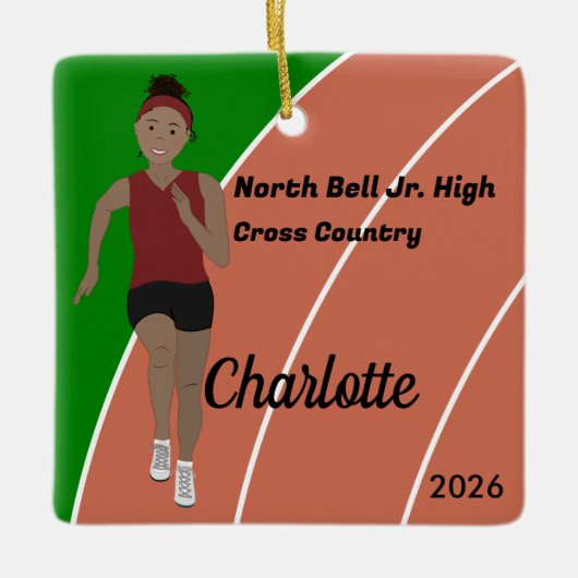マルーンのトラックアンドフィールドガール黒髪 セラミックオーナメント (正面)