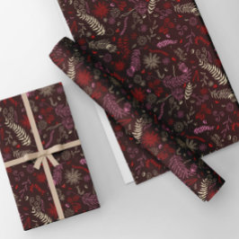 マルーンのピンクとアイボリーの花の落書き。 ラッピングペーパーシート