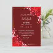 マルーンのフローラ離れとエレガントなウェディングカード 招待状 (スタンド正面)