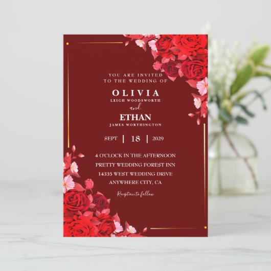 マルーンのフローラ離れとエレガントなウェディングカード 招待状 (スタンド正面)