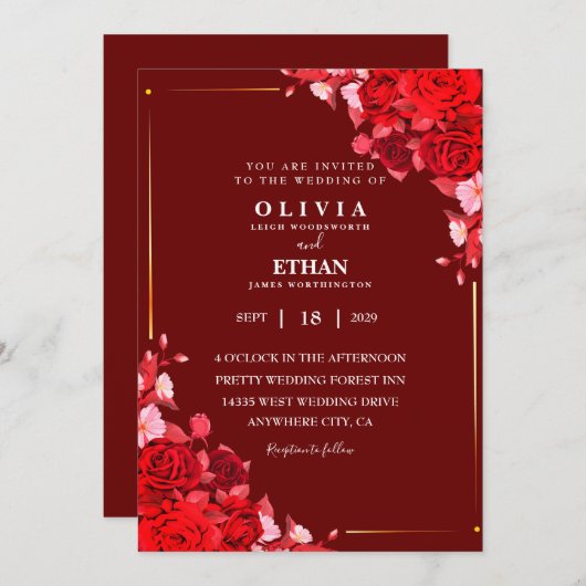 マルーンのフローラ離れとエレガントなウェディングカード 招待状 (正面/裏面)