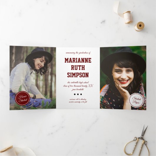 マルーンの円5 – 写真卒業 三つ折り招待状 (内部)