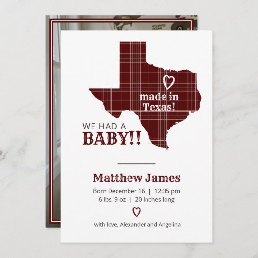 マルーンの格子縞がテキサス州縦写真 案内状 (正面/裏面)