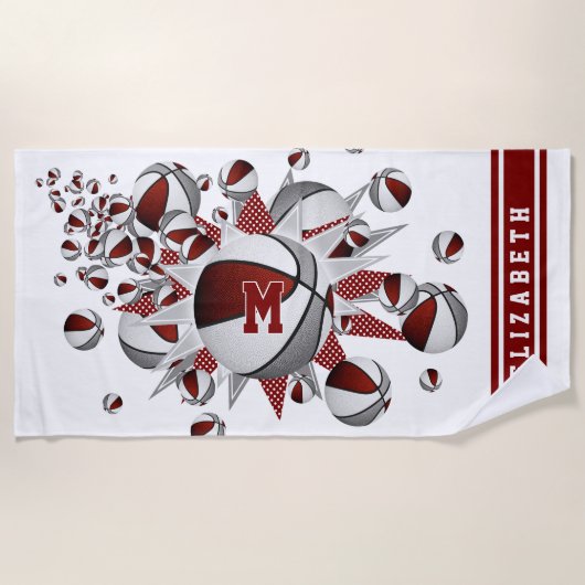 マルーンの灰色のバスケットが女の子をモノグラムの主演 ビーチタオル (正面)