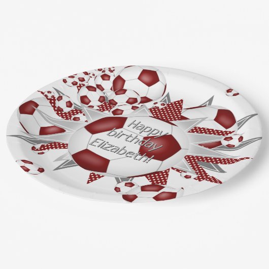 マルーンの白いサッカーボール星の誕生日 ペーパープレート (アングル)