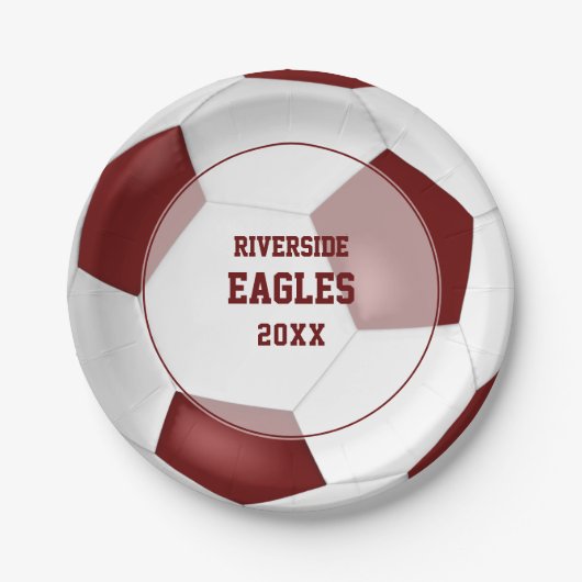 マルーンの白いチームカラーのサッカー ペーパープレート (正面)