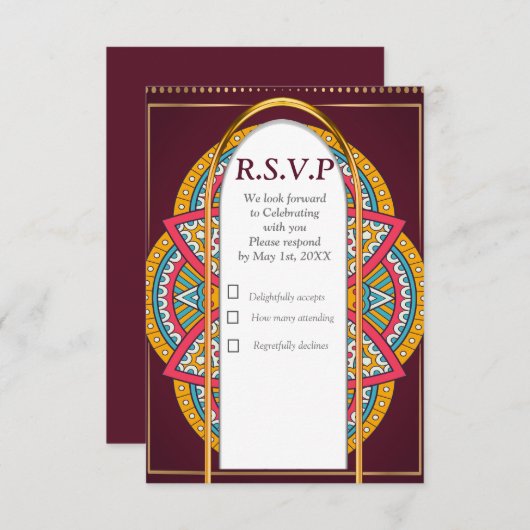 マルーンの背景にマンダラ 出欠カード (正面/裏面)