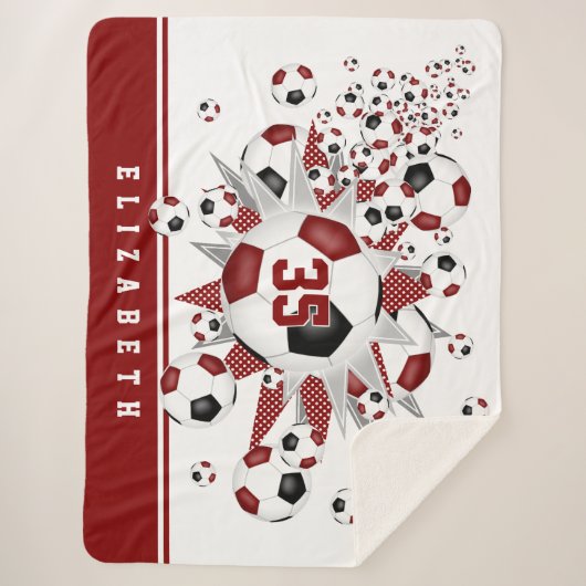 マルーンの黒いサッカーボールが女の子のスポーツルームをスター シェルパブランケット (正面)