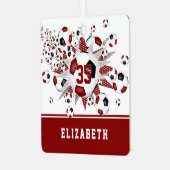 マルーンの黒いサッカーボールが星をパーソナライズされた出す メタルオーナメント (正面左)