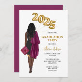 マルーンアフリカ系アメリカ人女性の卒業式パーティー 招待状 (正面/裏面)